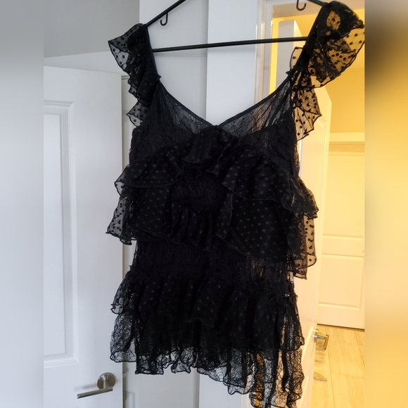 Amen Couture Black Polka Dot Tiered Mesh Lace Blouse - Picture 7 of 15